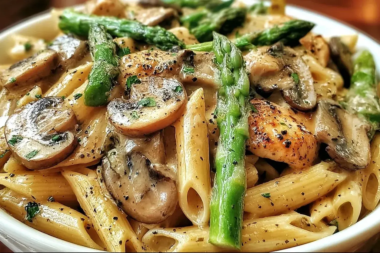 chicken penne with mushroom and asparagus