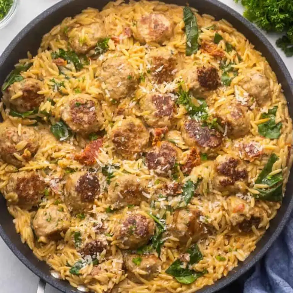 Tuscan Chicken Meatballs and Orzo